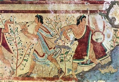 Etruscan musicians (double-flute and lyre). Detail of wall painting from the Tomb of the Leopards, Tarquinia, c470 BCE